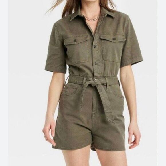 UNIVERSAL THREAD | Romper Utility Style Short Sleeve Army Olive Green | Small - Picture 1 of 8
